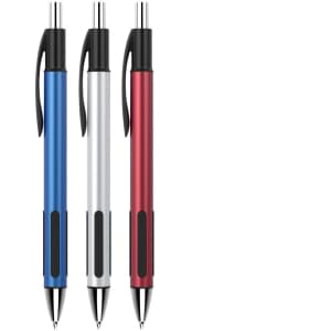 A set of three plastic pens in blue, silver, and red with black grips and a logo on each pen.