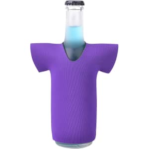A drink bottle in a purple jersey-style stubby cooler with a logo on it.
