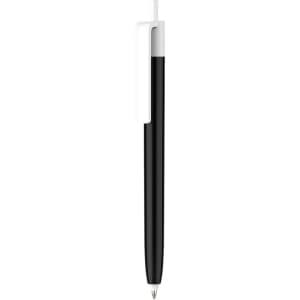 A black push button pen with a creamy white cap and a clip, featuring a simple design.
