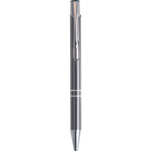 A metallic silver aluminium click pen with a clip and a shiny finish, featuring a logo.
