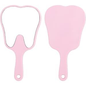 A tooth-shaped face mirror in pink with a handle, featuring a reflective surface on one side.