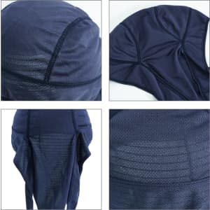 A navy cycling bandana hat with mesh detailing and a logo, featuring a snug fit for comfort.