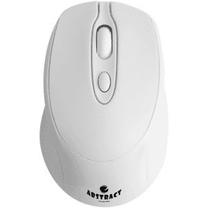 A wireless mouse in white, featuring a scroll wheel and side buttons, with a logo on the base.