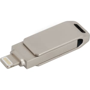 A silver swivel flash drive with a Lightning connector and a sleek design, featuring a logo on the surface.