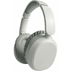 A pair of ANC Bluetooth headphones in light grey, featuring a sleek design and a soft ear cushion.