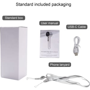 A standard box containing a high-speed cooling fan, USB-C cable, user manual, and a silver phone lanyard.