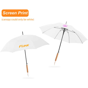 A white RPET umbrella with a straight handle and a wooden grip, featuring screen-printed designs on the canopy.