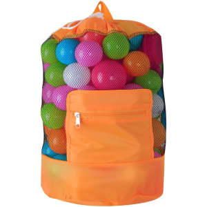 A foldable mesh drawstring backpack in orange, filled with colourful plastic balls, featuring a zippered pocket.