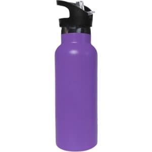 A drink bottle in vibrant purple with a black flip valve lid. It features a logo on the surface.