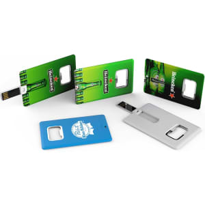A drink bottle opener flash drive set in green, blue, and silver with various designs and a logo on one.