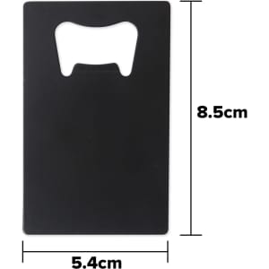 A drink bottle opener in a rectangular card shape, featuring a black finish and a cut-out for bottle opening.