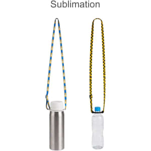 A drink bottle lanyard in blue and yellow, shown with a metal bottle and a plastic bottle attached.