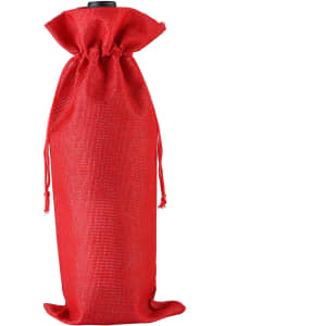 A red drawstring bag made from burlap material, suitable for holding wine bottles. Features a logo.