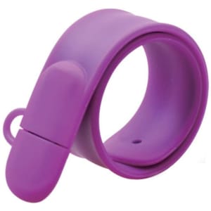 A purple silicone slap band flash drive with a rounded design and a small removable cap, featuring a logo.