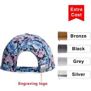 A floral-patterned 6-panel custom cap in blue, pink, and purple, featuring an adjustable back and a logo.