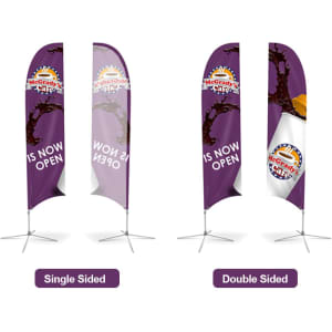 Large concave feather banners in purple, featuring single-sided and double-sided designs with a stand.