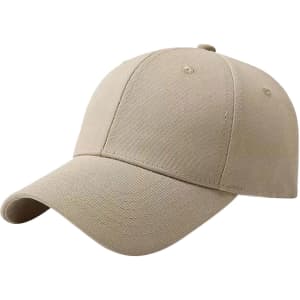 A beige baseball cap with a hard top and a curved brim, featuring an unbranded design.