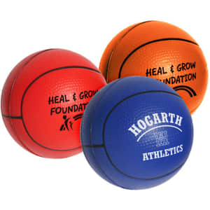 A set of three 100mm basketball-shaped stress relievers in red, orange, and blue, featuring various logos.