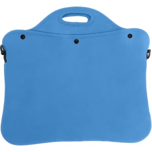 A blue laptop bag with a handle, featuring a smooth exterior and attachment points.