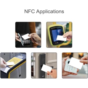A collection of images displaying NFC applications, featuring hands interacting with various NFC-enabled devices and cards.