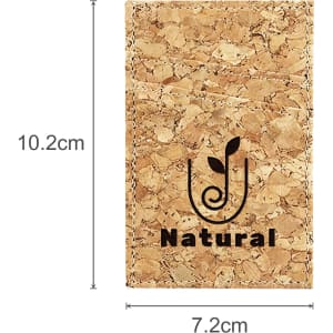 A cork card wallet in natural tones, featuring a front logo and two card slots. Dimensions are 10.2 cm by 7.2 cm.