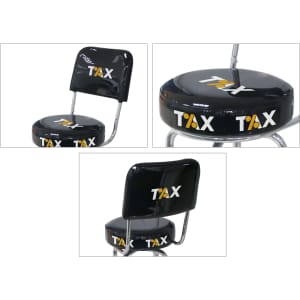 A black bar stool with a backrest and cushioned seat, featuring a logo on the seat and back.