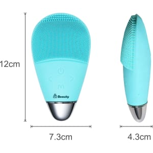 A silicone facial cleansing brush in aqua blue, measuring 12cm by 7.3cm, featuring a logo and textured surface.