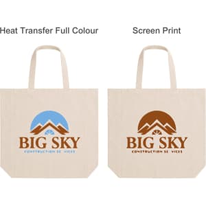 A calico tote bag in beige with short handles and a gusset, featuring a logo on both sides.