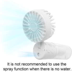 A white neck spray fan with a detachable water container, featuring a logo on the body.