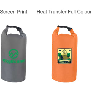 A grey Oxford cloth dry bag with a logo and an orange bag featuring a graphic design.
