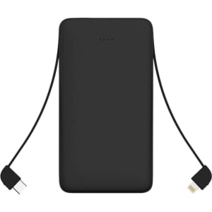 A black 10000mAh slim power bank with an attached charging cable. Features a minimal design and a logo.