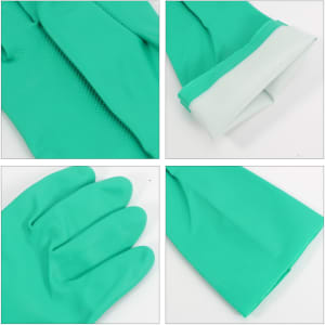 A pair of reusable cleaning nitrile gloves in bright turquoise with a white cuff, featuring a textured grip and flexible design.