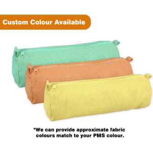 A canvas pencil case in mint green, orange, and yellow with zippers, including a logo on the front.