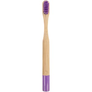 A small round handle bamboo toothbrush with a purple bristle head and purple bottom. It features a logo.