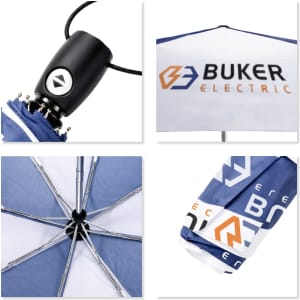 A blue and white automatic open and close umbrella featuring a logo, with close-up views of its mechanism and structure.