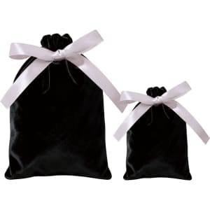 A set of black velvet drawstring gift bags, one large and one small, featuring pink satin ribbons.