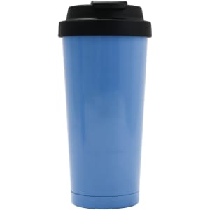 A drink bottle in light blue with a black lid and a logo. Made of recycled stainless steel.