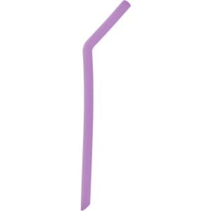 A reusable silicone straw in a light purple colour, with a flexible design. Features a logo.