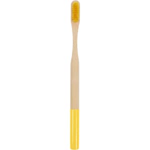 A large round handle bamboo toothbrush with a yellow head and a natural bamboo handle. It features a logo.