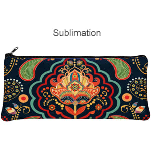 A vibrant, patterned neoprene pencil case featuring floral and paisley designs in red, green, and navy blue.