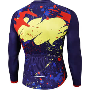 A vibrant men's long sleeve cycling jersey featuring a multicoloured splatter design in blue, red, and yellow.
