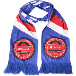 A knitted polyester scarf in blue, red, and white, featuring fringes and a round logo design.