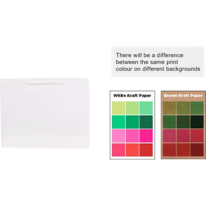 A large white paper bag with a fabric flat handle, accompanied by colour swatches for white and brown Kraft paper.