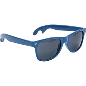 A drink bottle opener is integrated into stylish blue sunglasses with dark lenses. The product includes a logo on the frame.