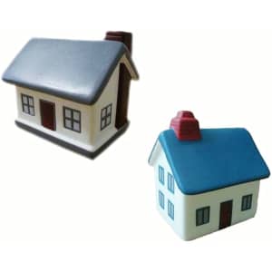 A house-shaped stress reliever in blue and white with windows and a chimney, featuring a logo.