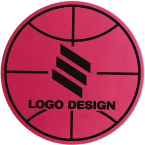 A circular pink foam mitt featuring a black logo design and basketball court markings.
