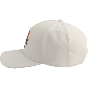 A colour changing baseball cap in white, featuring a logo on the front, viewed from the side.