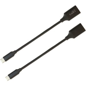 A black USB 3.0 to USB C OTG adapter with connectors on both ends and a logo visible on the surface.