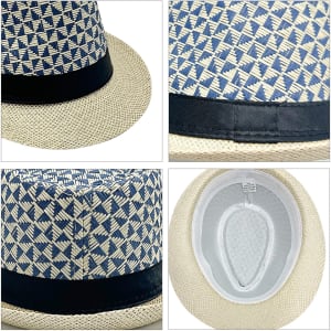 A straw woven top hat featuring a blue and white patterned design, with a black band around the base.