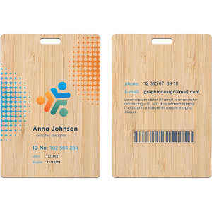 A bamboo name tag featuring a multicoloured design, a barcode, and space for personal details.